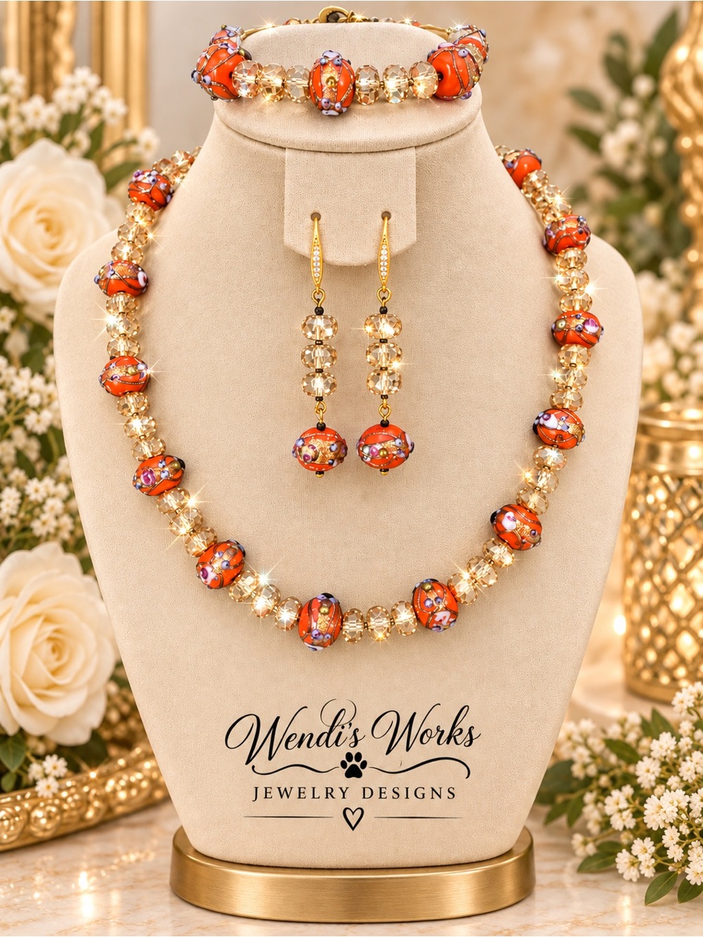 Artisan Made Orange Wedding Cake Beads & Champagne Crystal Jewelry Set